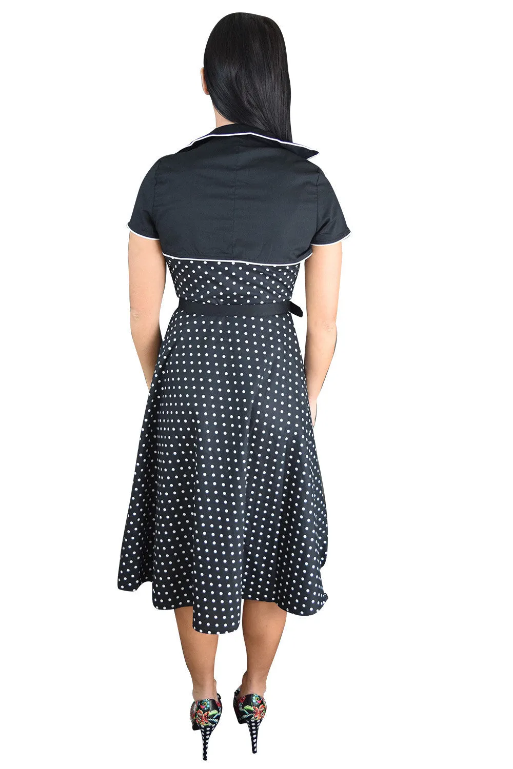 60's Vintagge Black and White Polka Dot Flare Two Tone Dress with Bolero Jacket