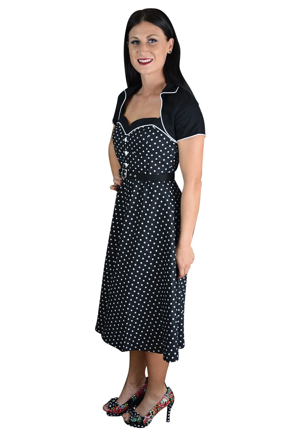 60's Vintagge Black and White Polka Dot Flare Two Tone Dress with Bolero Jacket