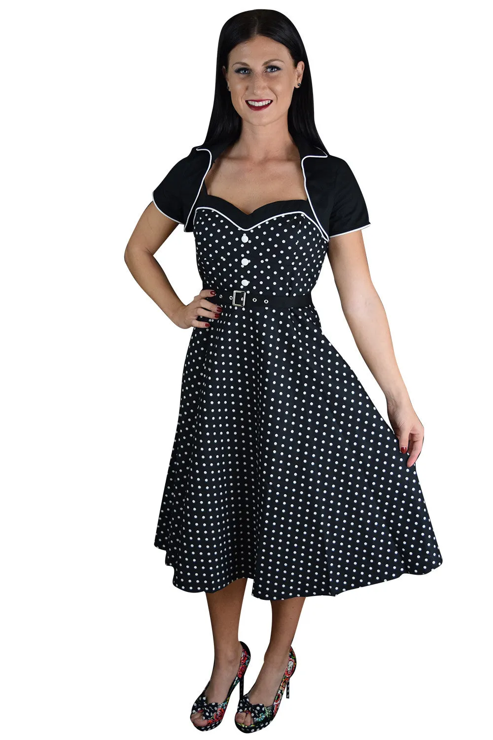 60's Vintagge Black and White Polka Dot Flare Two Tone Dress with Bolero Jacket