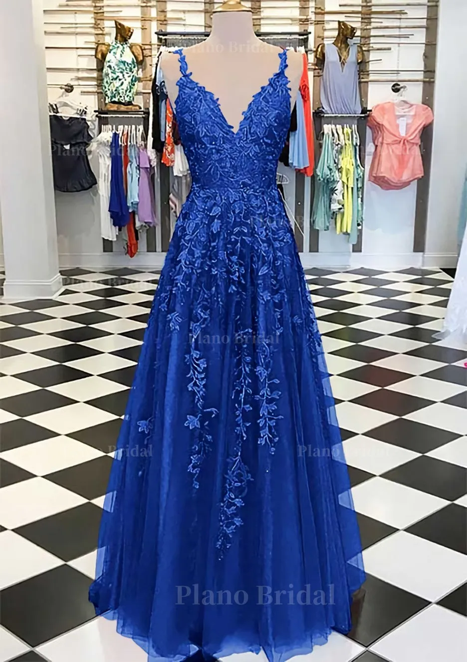 A-line/Princess V Neck Sleeveless Long/Floor-Length Tulle Prom Dress With Appliqued