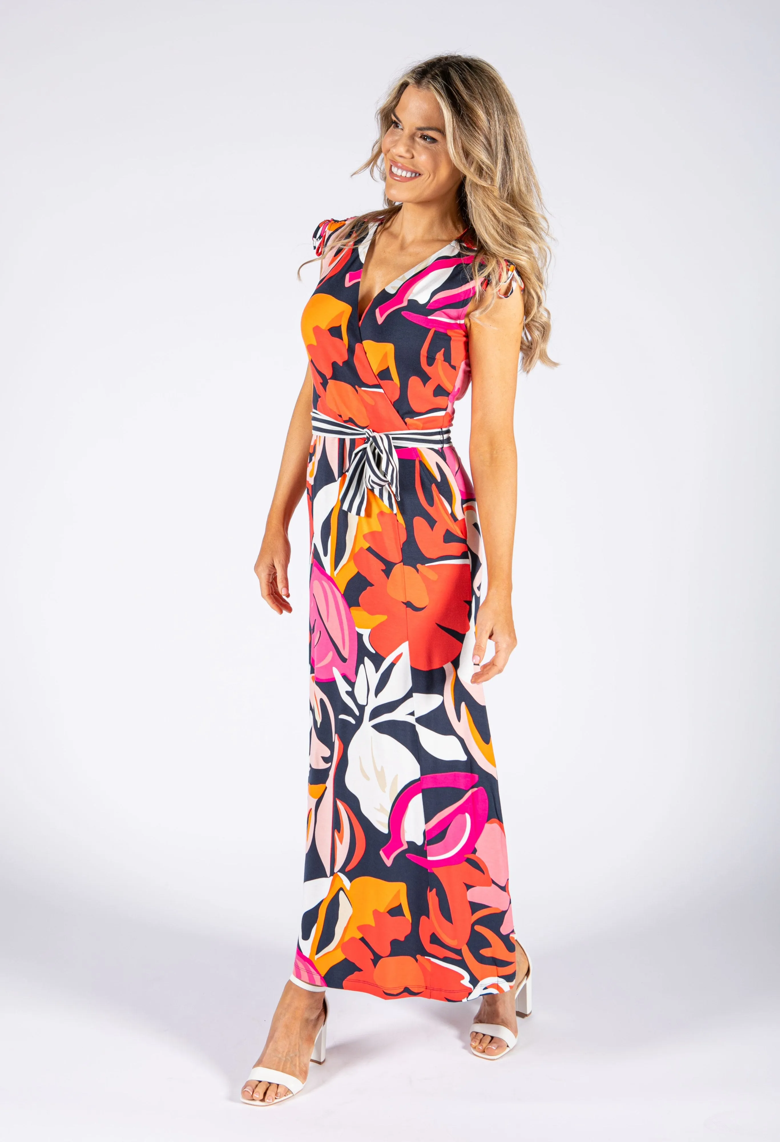 Abstract Floral Print Wrap Bodice Dress