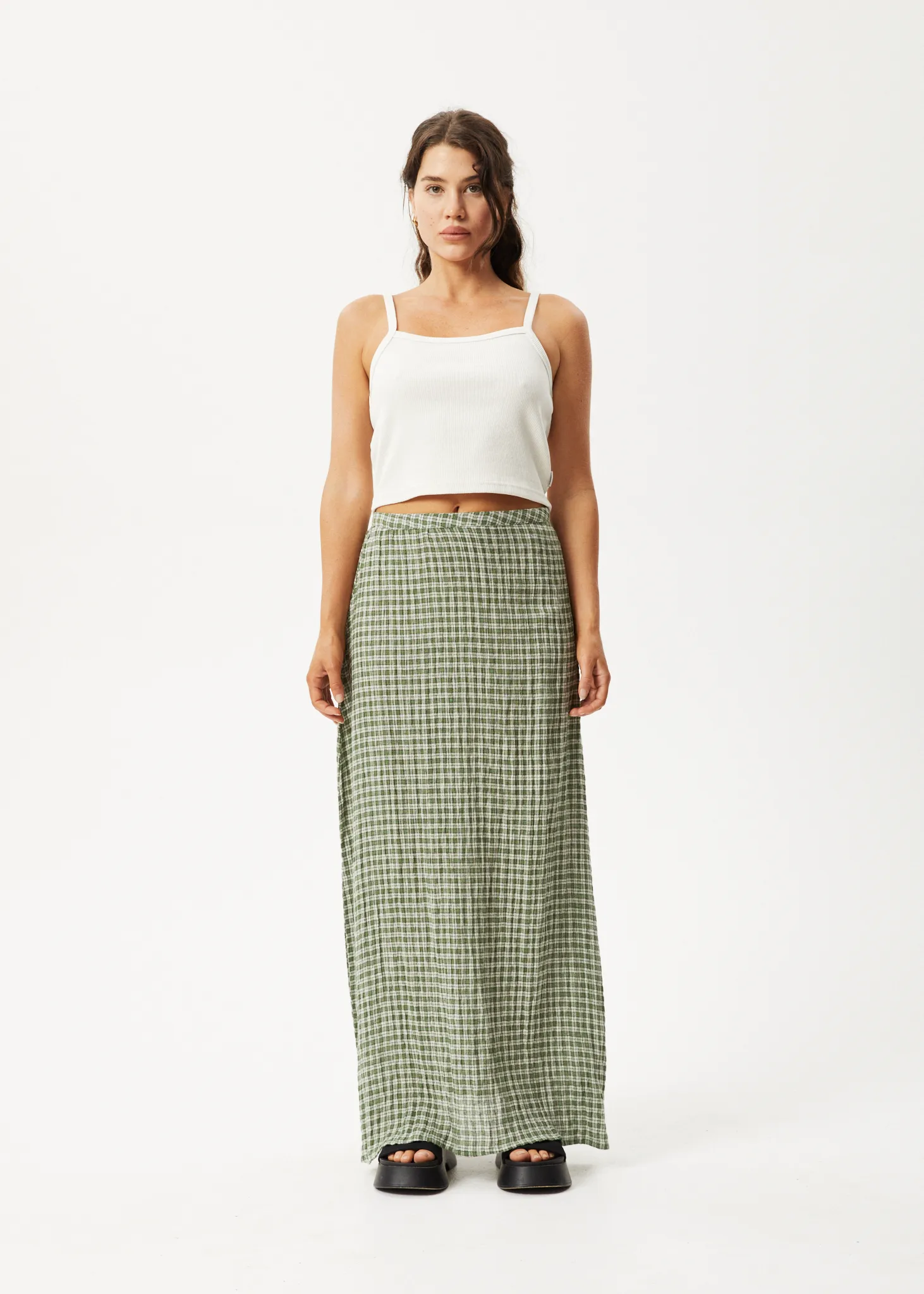 AFENDS Womens Base - Seersucker Check Skirt - Deep Green Check