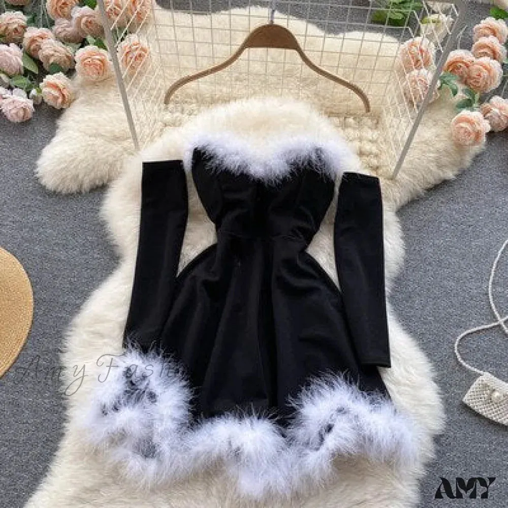 Amy Fashion - Strapless Backless Furry Sexy Short Mini Christmas Dress