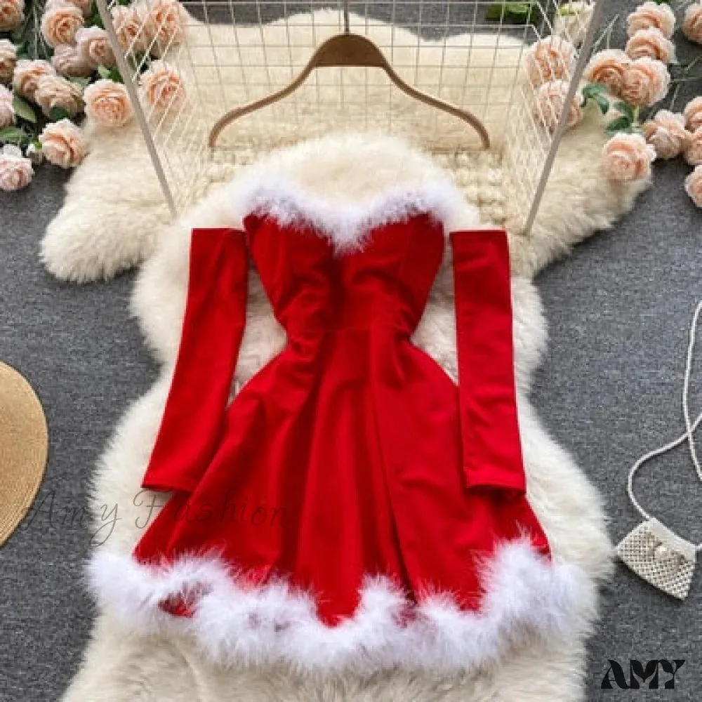 Amy Fashion - Strapless Backless Furry Sexy Short Mini Christmas Dress