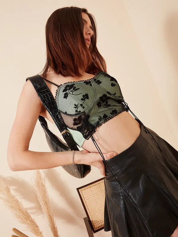 Berrylush Women Green & Black Floral Printed Sweetheart Neck Sleeveless Cotton Lace Smocked Crop Top