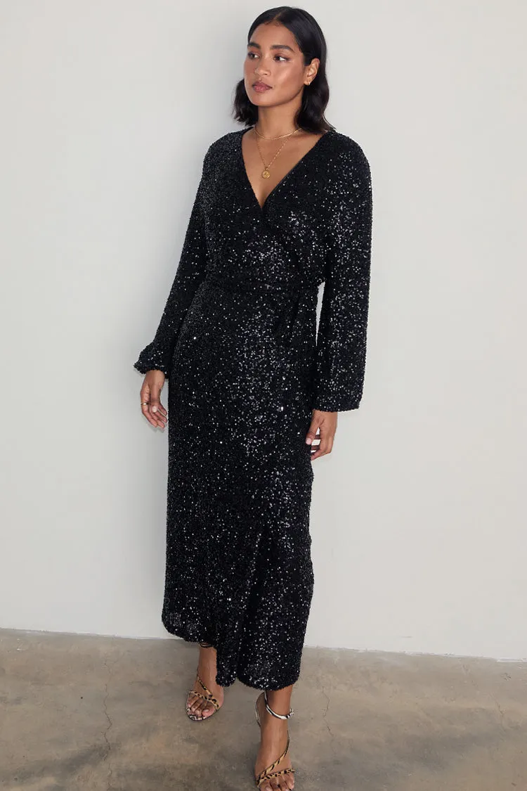 Black Sequin Kira Wrap Dress