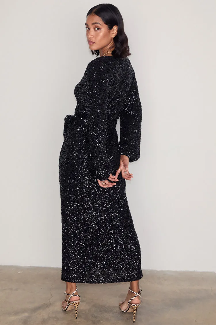 Black Sequin Kira Wrap Dress