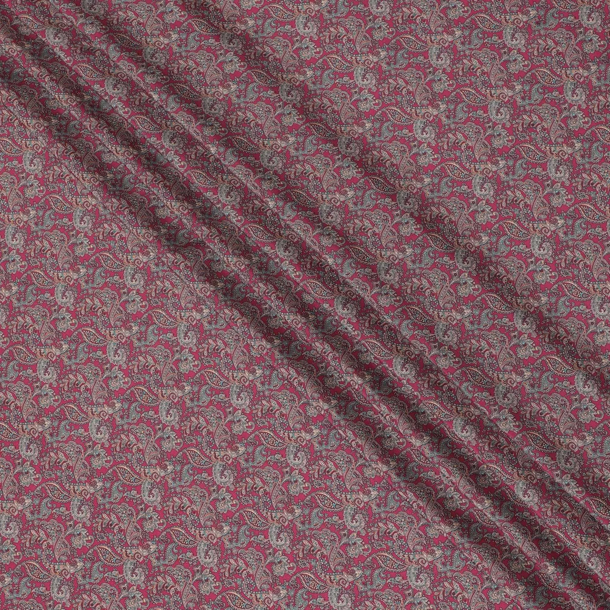 Cerise pink synthetic crepe fabric with multicolor print in fancy design-D15022
