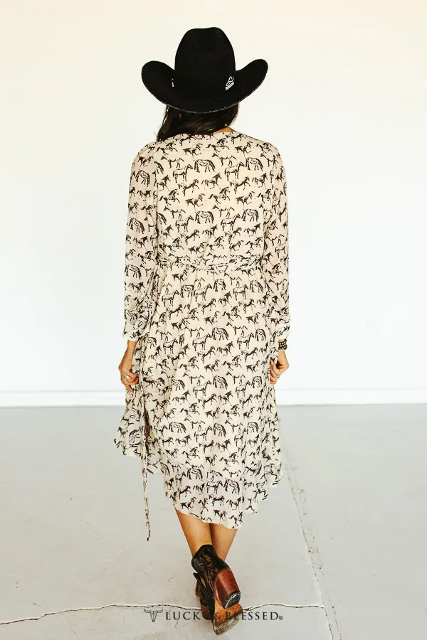 Cream Horse Cross Overlap Wrap Ruffle Dress Bourbon Cowgirl