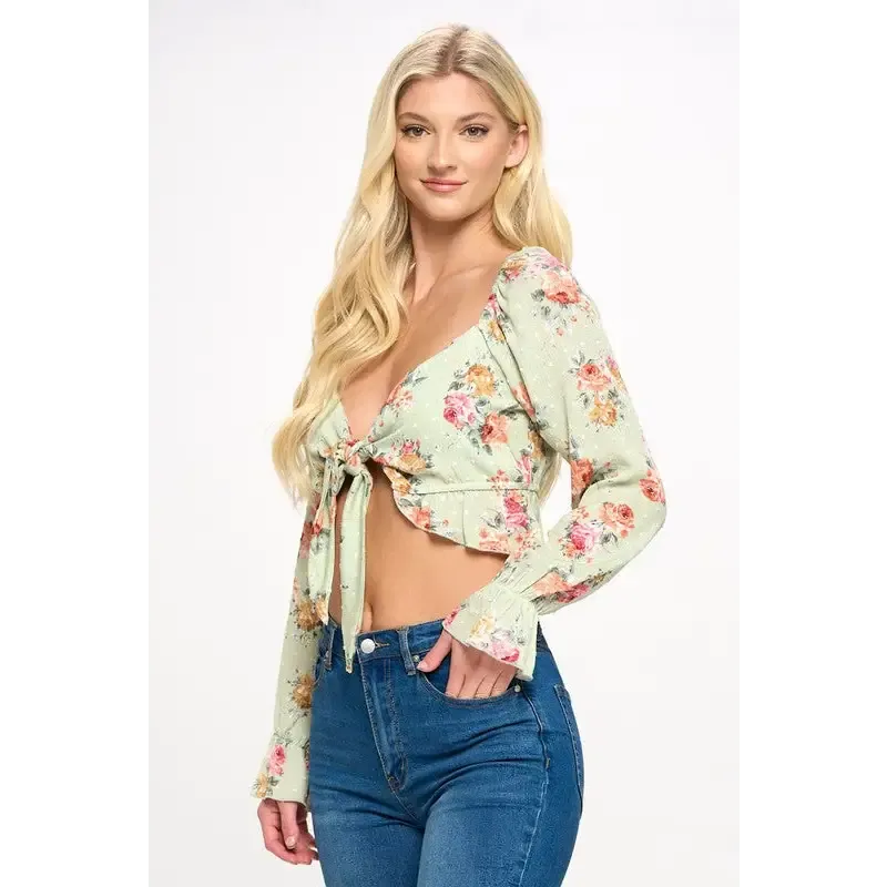 Crop blouse cardian top tie front long sleeve