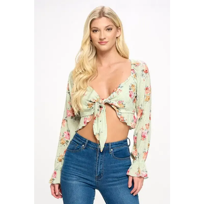 Crop blouse cardian top tie front long sleeve