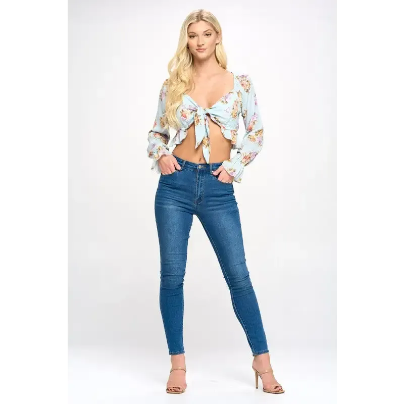 Crop blouse cardian top tie front long sleeve