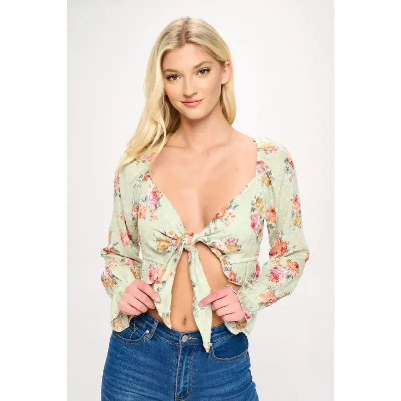 Crop blouse cardian top tie front long sleeve