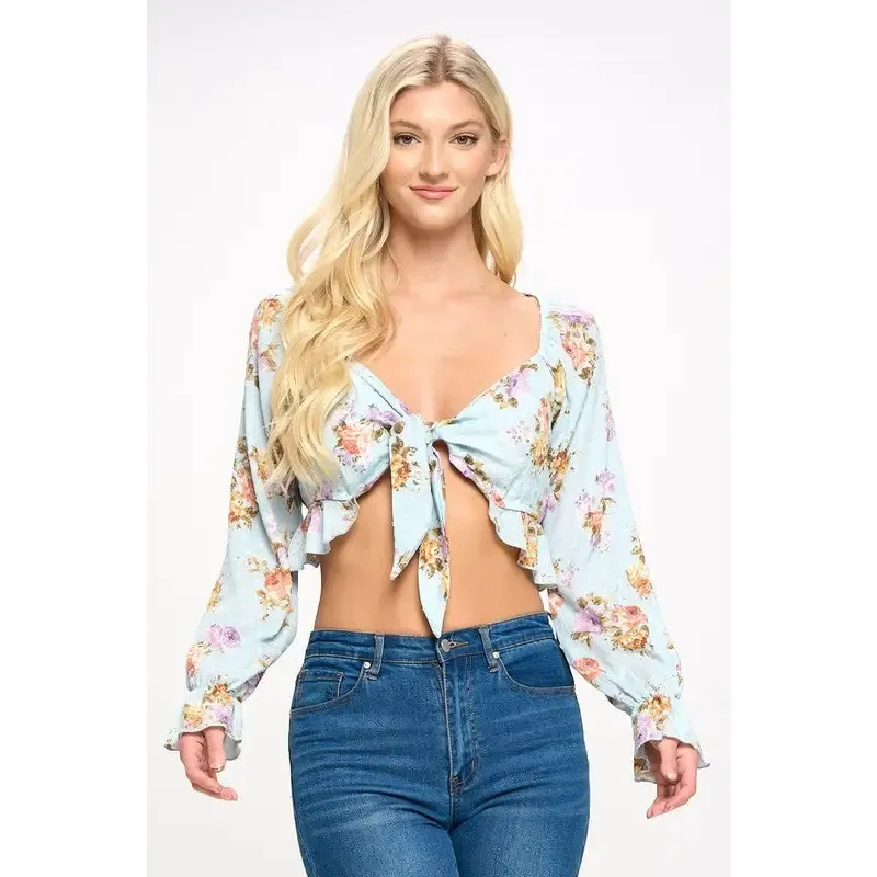 Crop blouse cardian top tie front long sleeve
