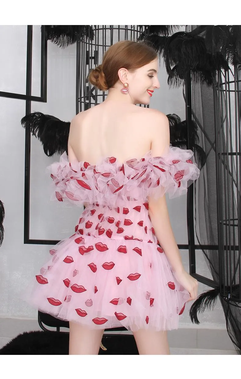 Designer Unique Lip embroidered tulle off shoulder  ruffle pleated drop waist wedding banquet party cocktail dress - Dasha