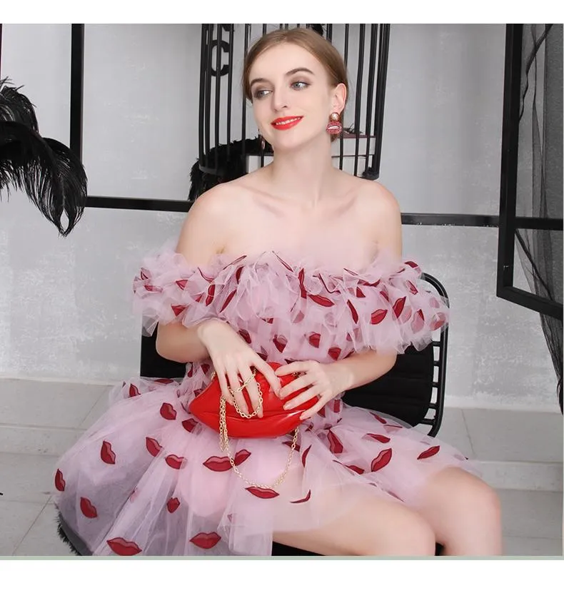 Designer Unique Lip embroidered tulle off shoulder  ruffle pleated drop waist wedding banquet party cocktail dress - Dasha
