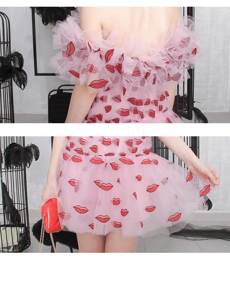 Designer Unique Lip embroidered tulle off shoulder  ruffle pleated drop waist wedding banquet party cocktail dress - Dasha
