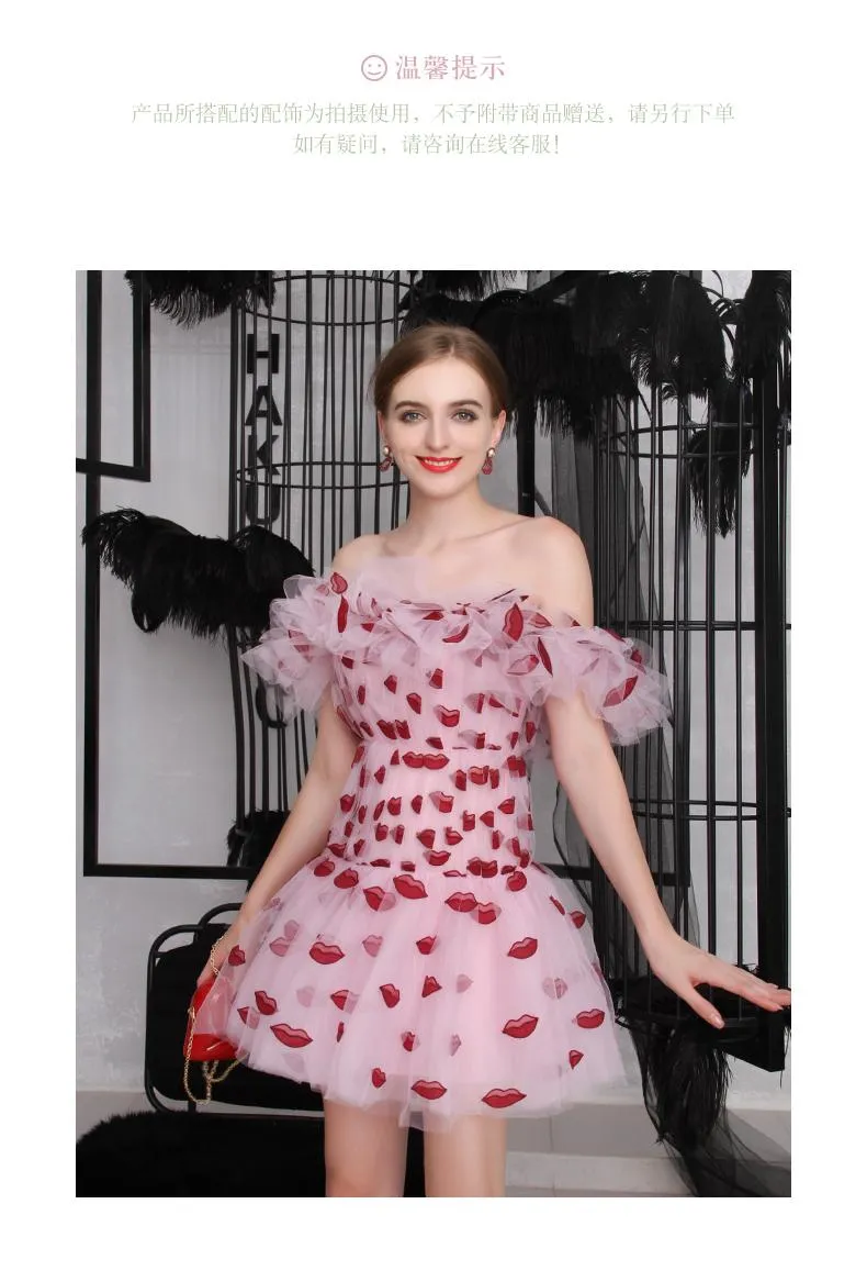 Designer Unique Lip embroidered tulle off shoulder  ruffle pleated drop waist wedding banquet party cocktail dress - Dasha