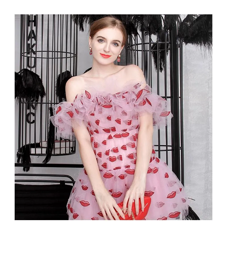 Designer Unique Lip embroidered tulle off shoulder  ruffle pleated drop waist wedding banquet party cocktail dress - Dasha