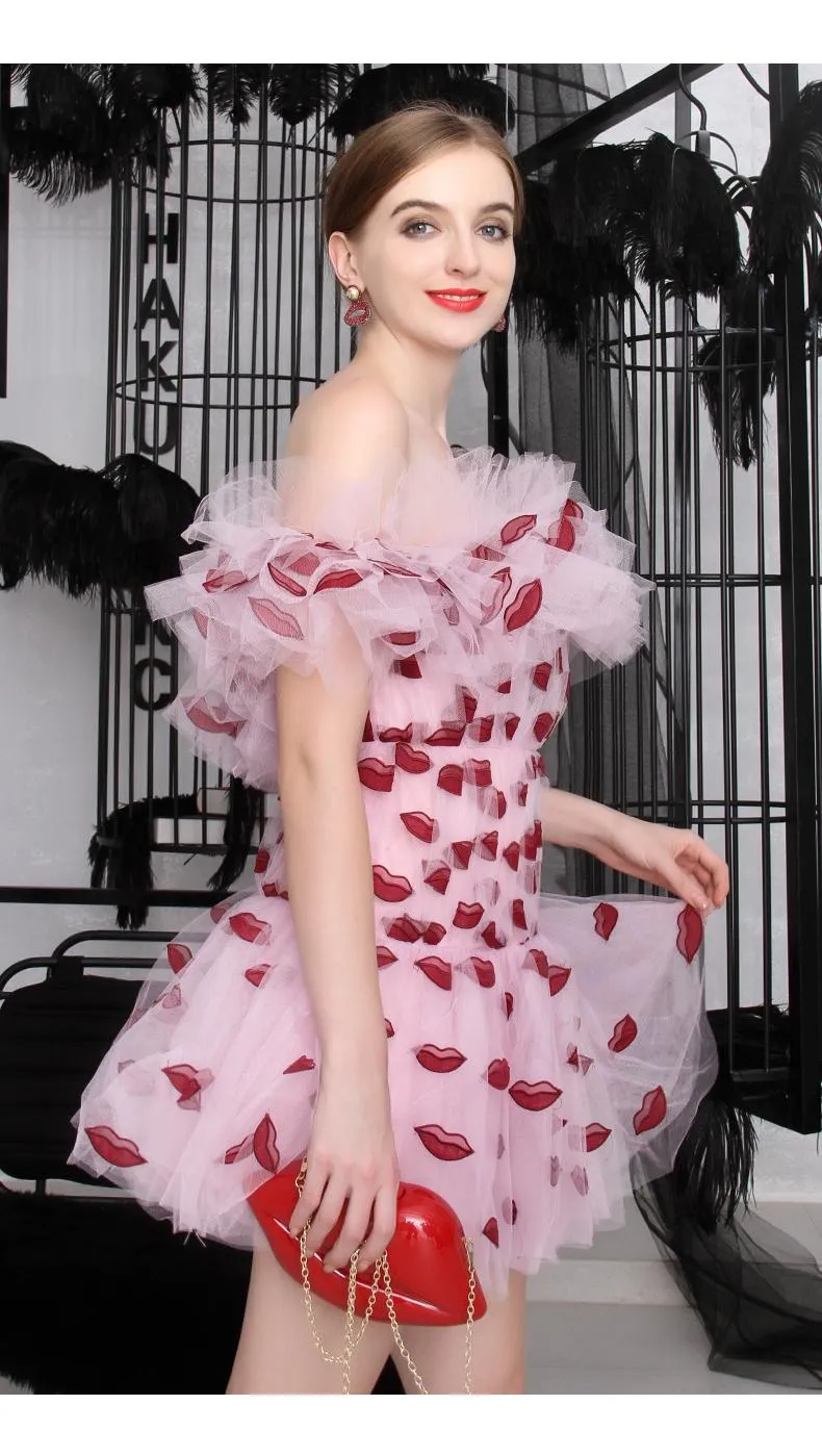 Designer Unique Lip embroidered tulle off shoulder  ruffle pleated drop waist wedding banquet party cocktail dress - Dasha