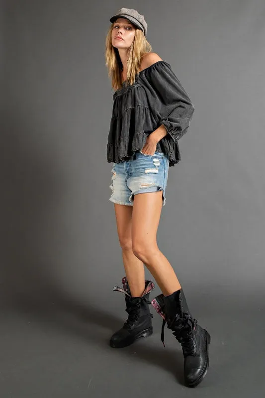 Easel Mineral Wash Tier Crop Top - Ash
