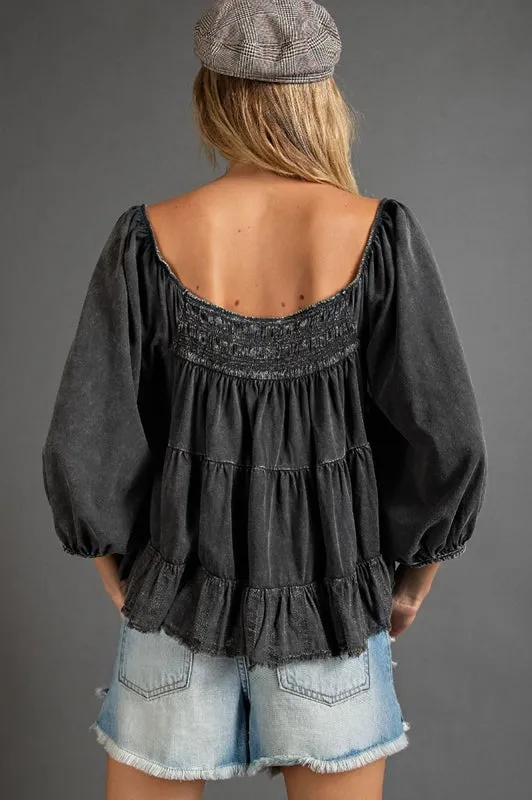 Easel Mineral Wash Tier Crop Top - Ash