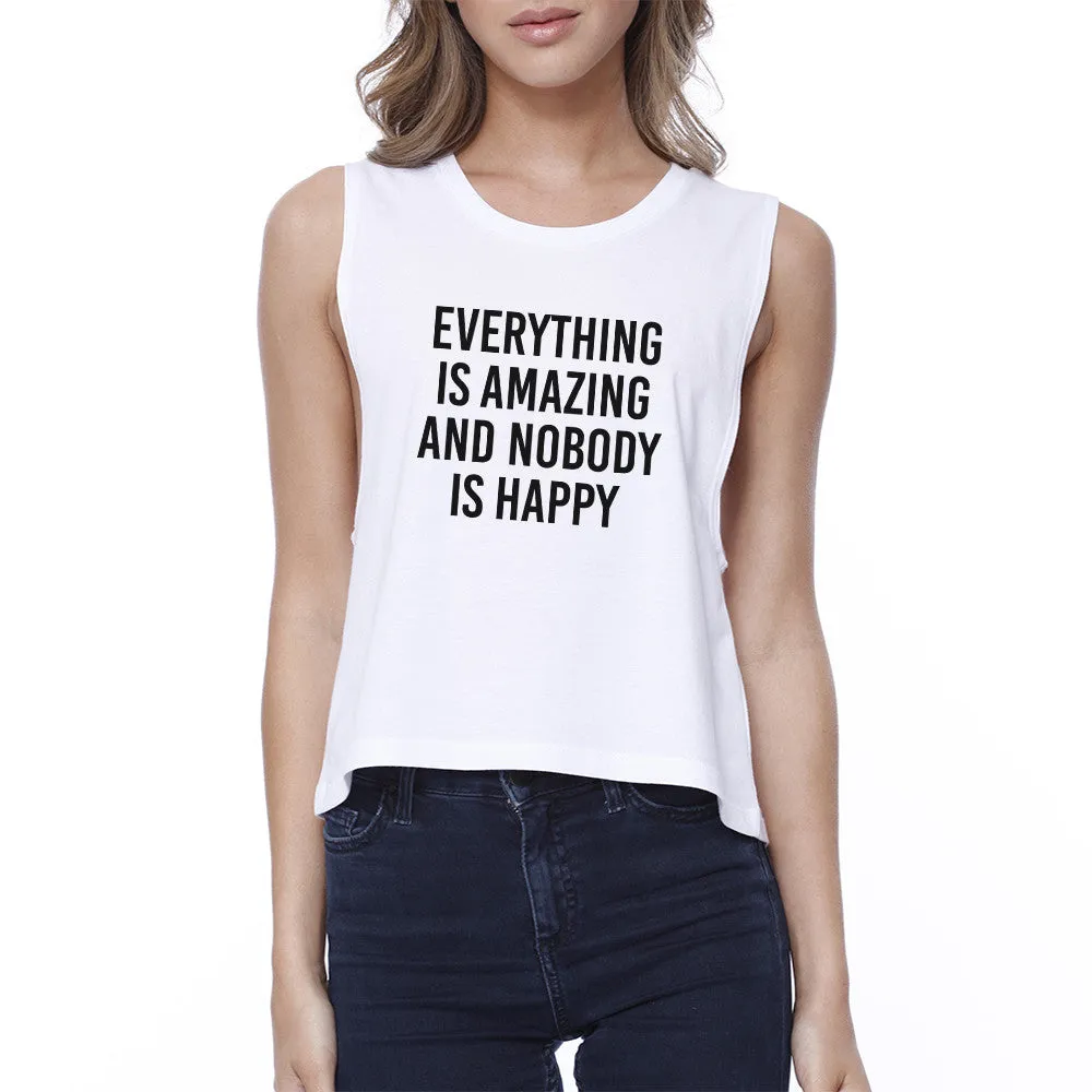 Everything Nobody Happy Womens White Sleeveless Crop Top Gym Shirt
