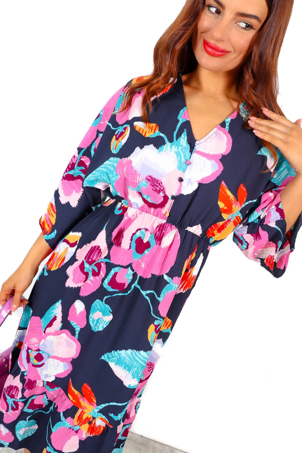 Floral Dressed Up - Navy Pink Floral Print Wrap Dress