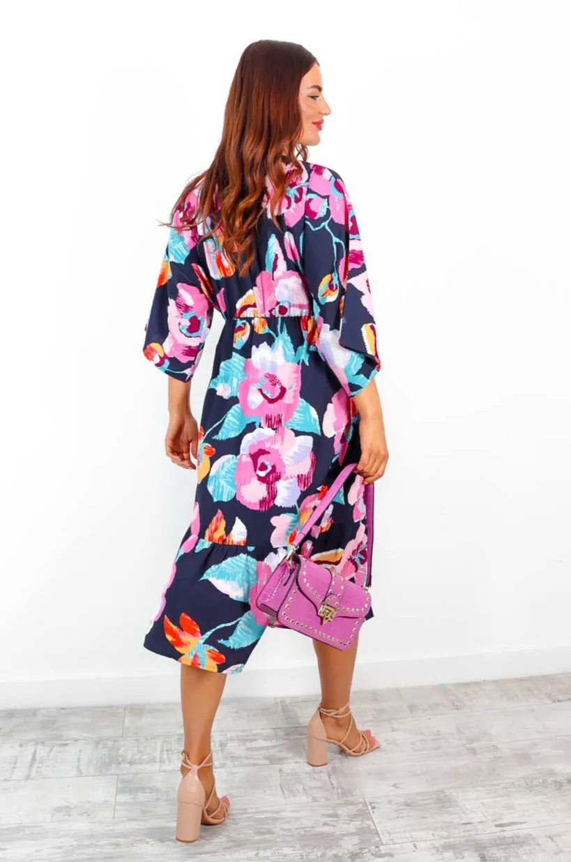 Floral Dressed Up - Navy Pink Floral Print Wrap Dress