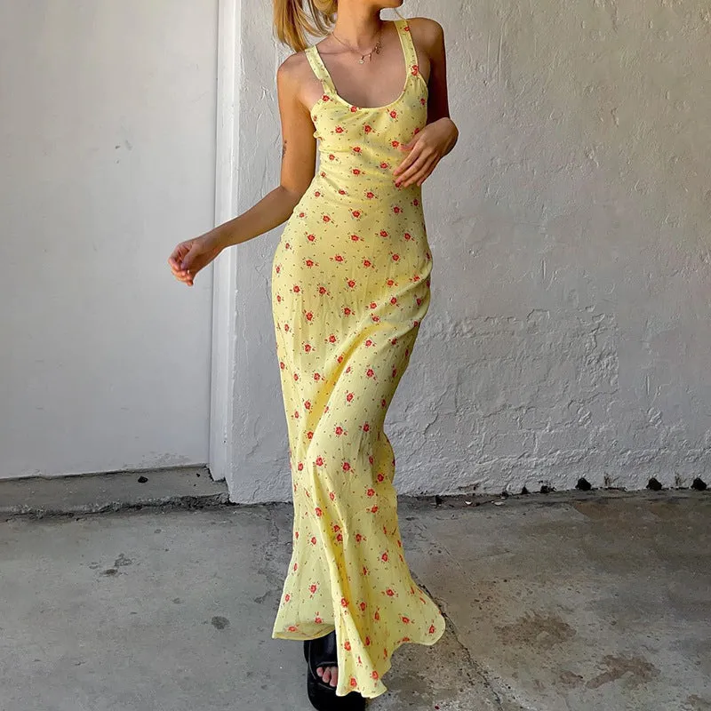 French Floral Suspender Beach Fishtail Maxi dress