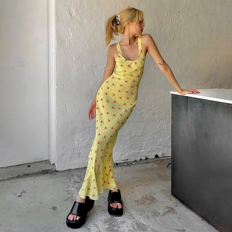 French Floral Suspender Beach Fishtail Maxi dress