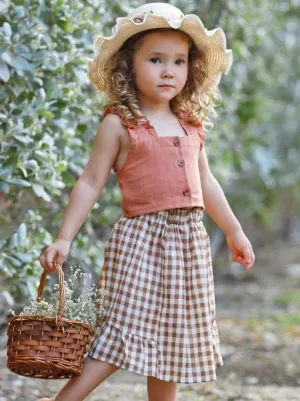 Girls Living Bliss Ruffled Crop Top and Gingham Skirt Set