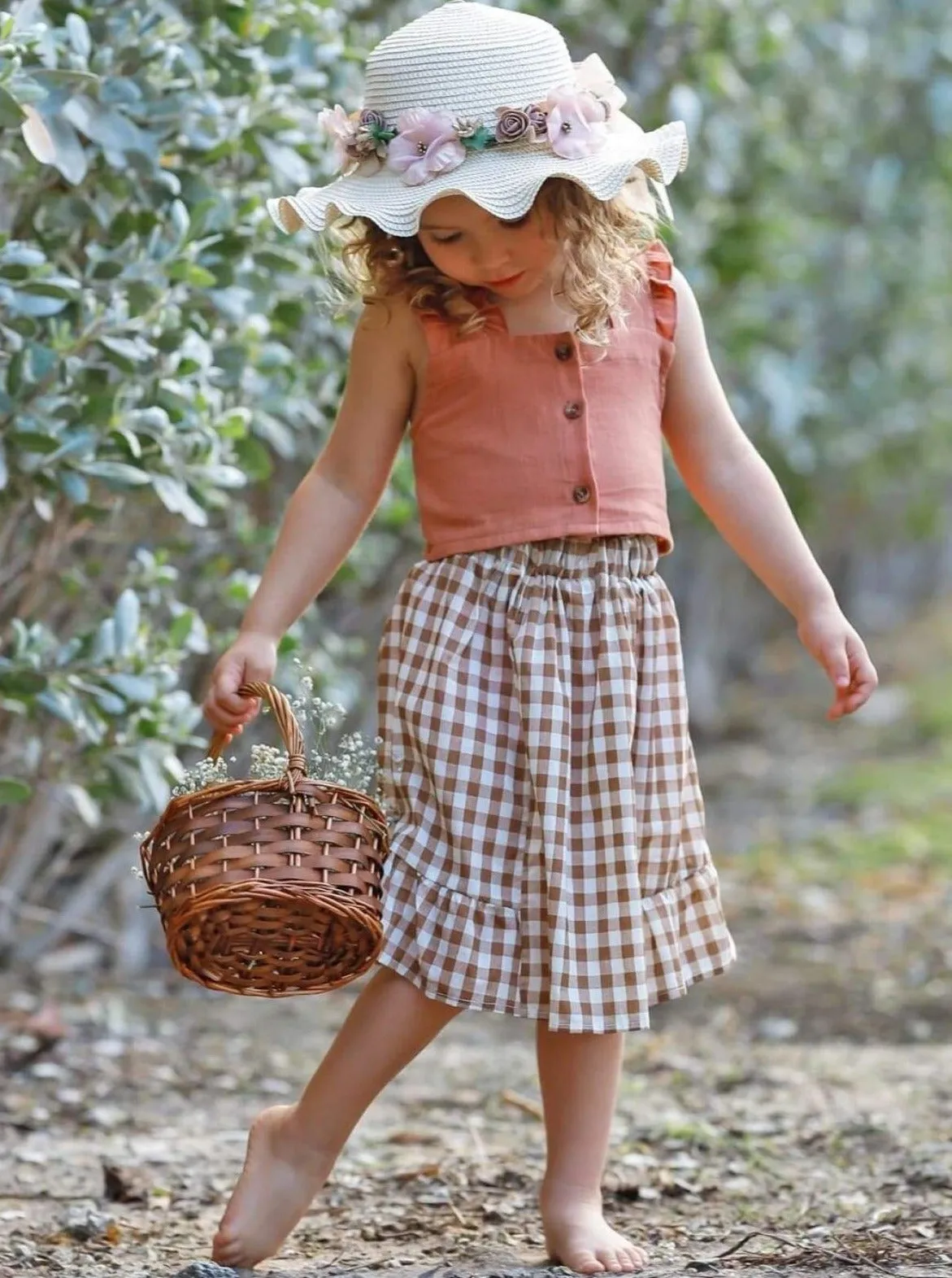 Girls Living Bliss Ruffled Crop Top and Gingham Skirt Set