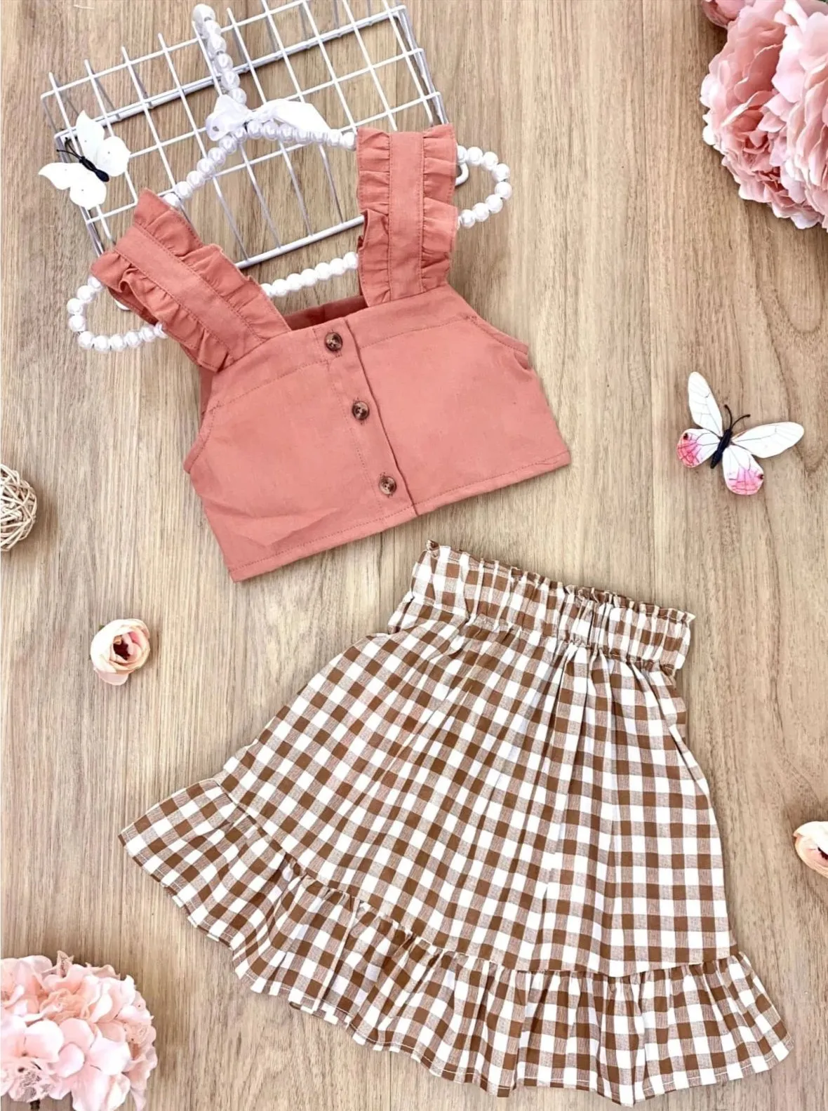 Girls Living Bliss Ruffled Crop Top and Gingham Skirt Set