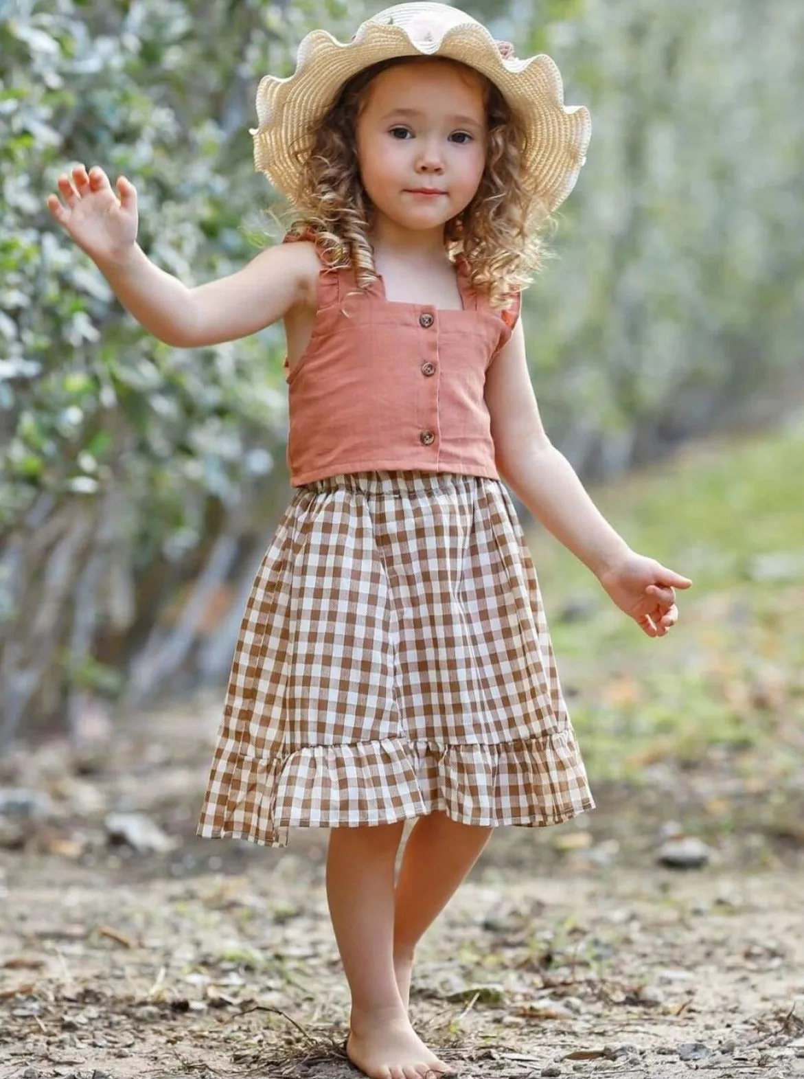 Girls Living Bliss Ruffled Crop Top and Gingham Skirt Set