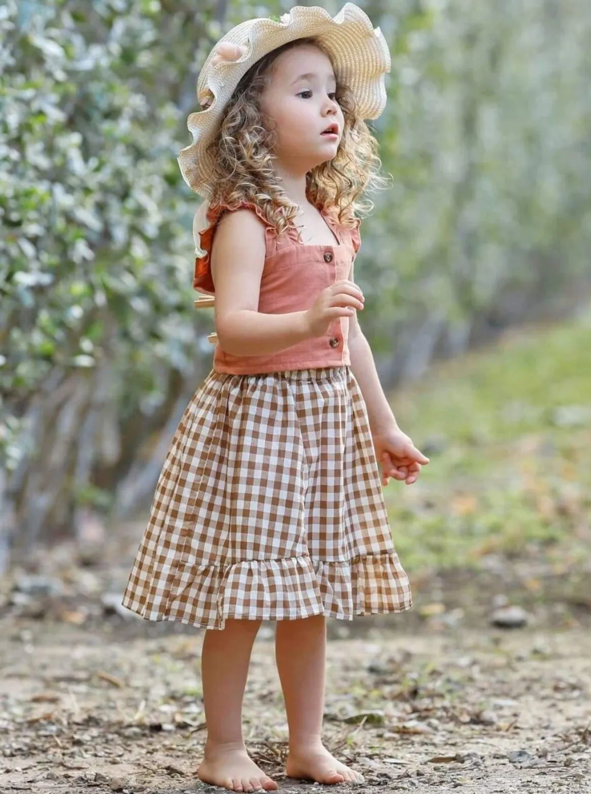Girls Living Bliss Ruffled Crop Top and Gingham Skirt Set