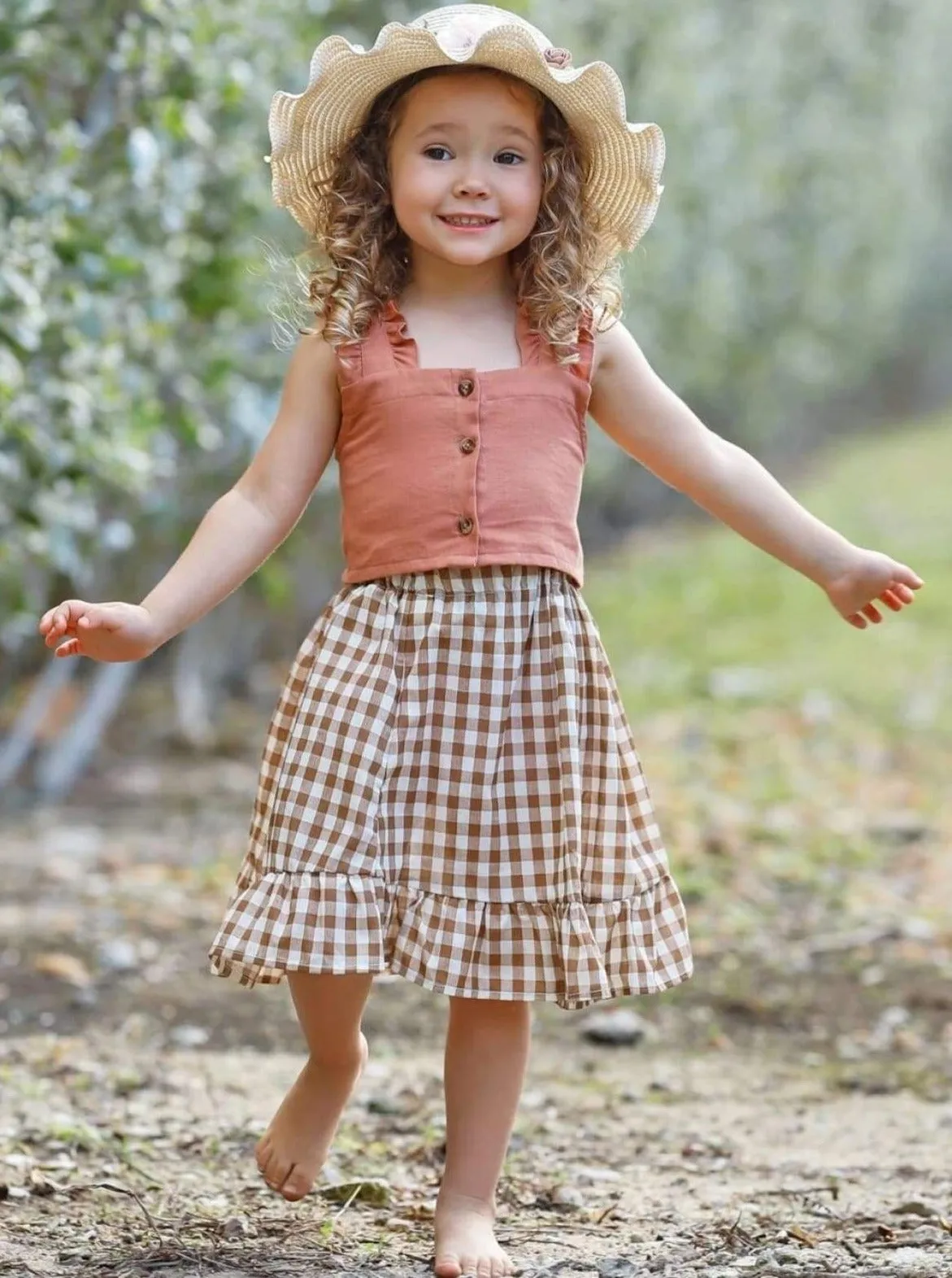 Girls Living Bliss Ruffled Crop Top and Gingham Skirt Set