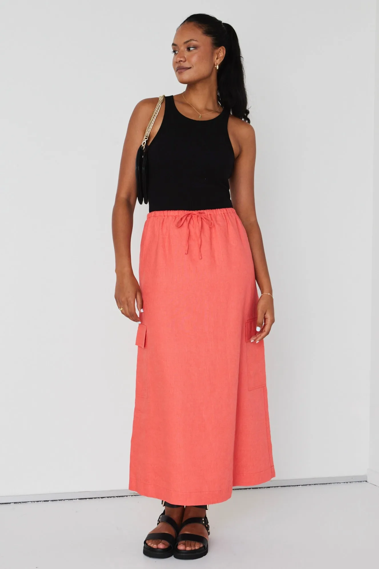 Invincible Coral Linen Elastic Waist Front Pocket Maxi Skirt