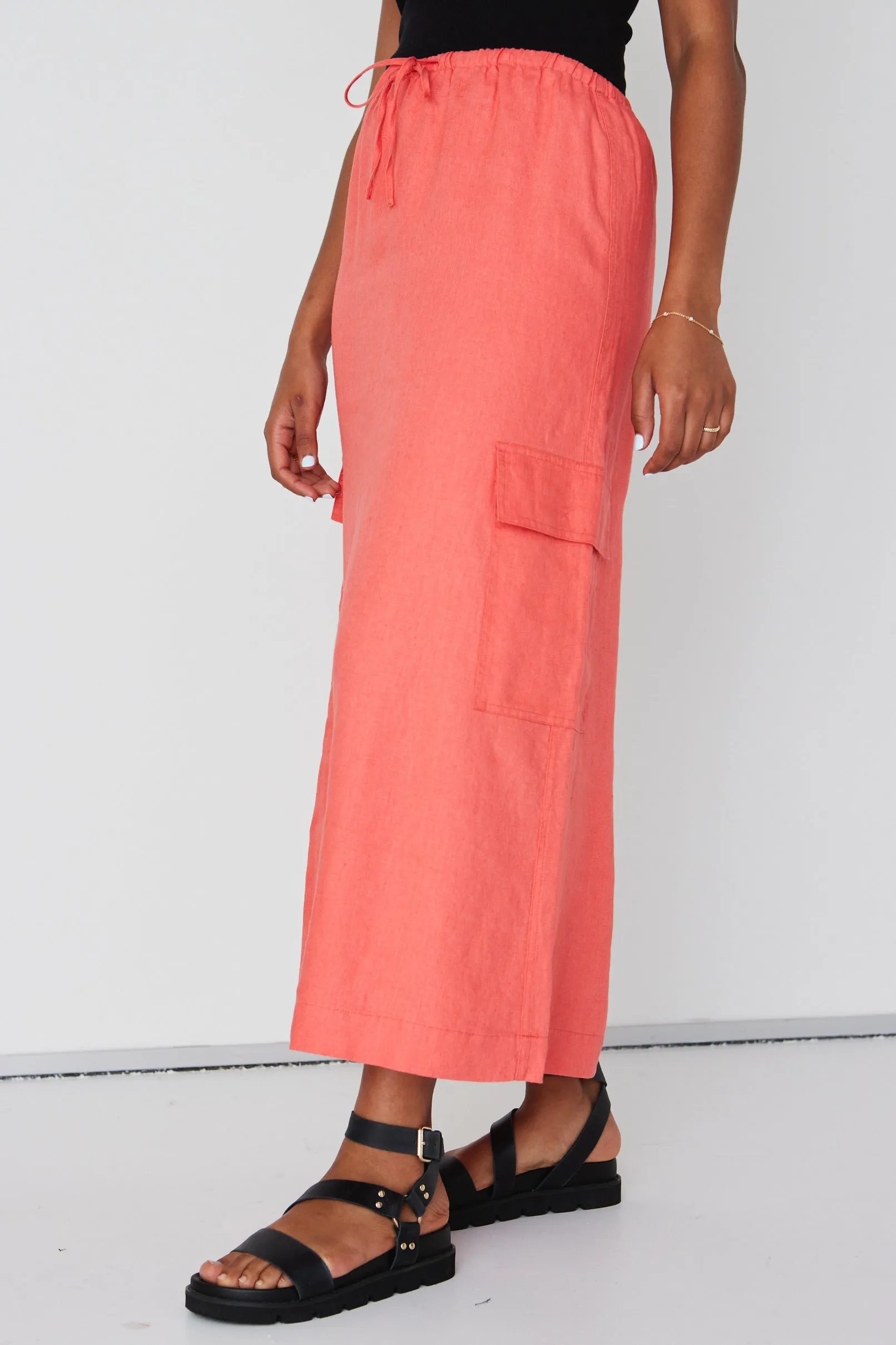 Invincible Coral Linen Elastic Waist Front Pocket Maxi Skirt