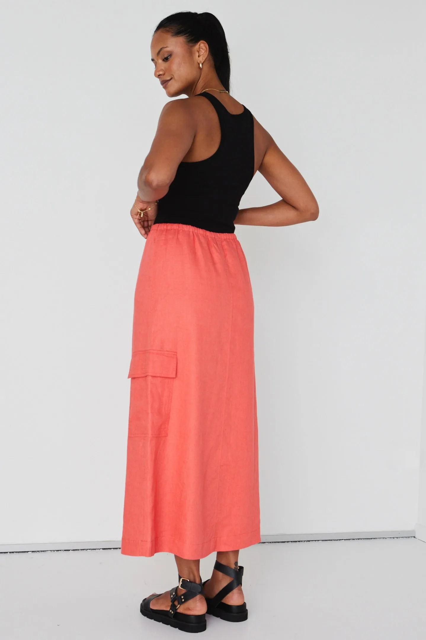 Invincible Coral Linen Elastic Waist Front Pocket Maxi Skirt