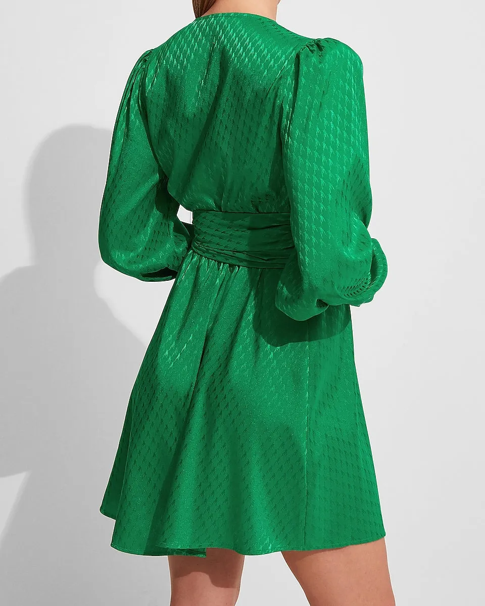 Jacquard Satin Tie Waist Long Sleeve Mini Dress in Green Lush