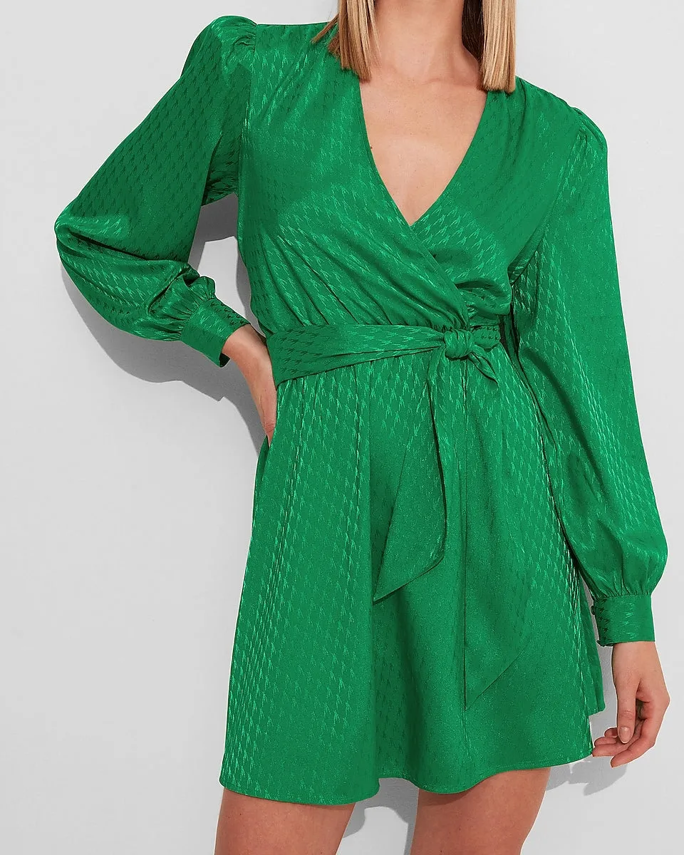 Jacquard Satin Tie Waist Long Sleeve Mini Dress in Green Lush