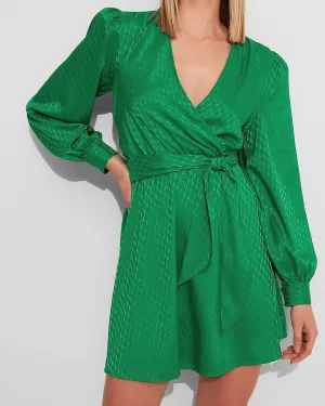 Jacquard Satin Tie Waist Long Sleeve Mini Dress in Green Lush