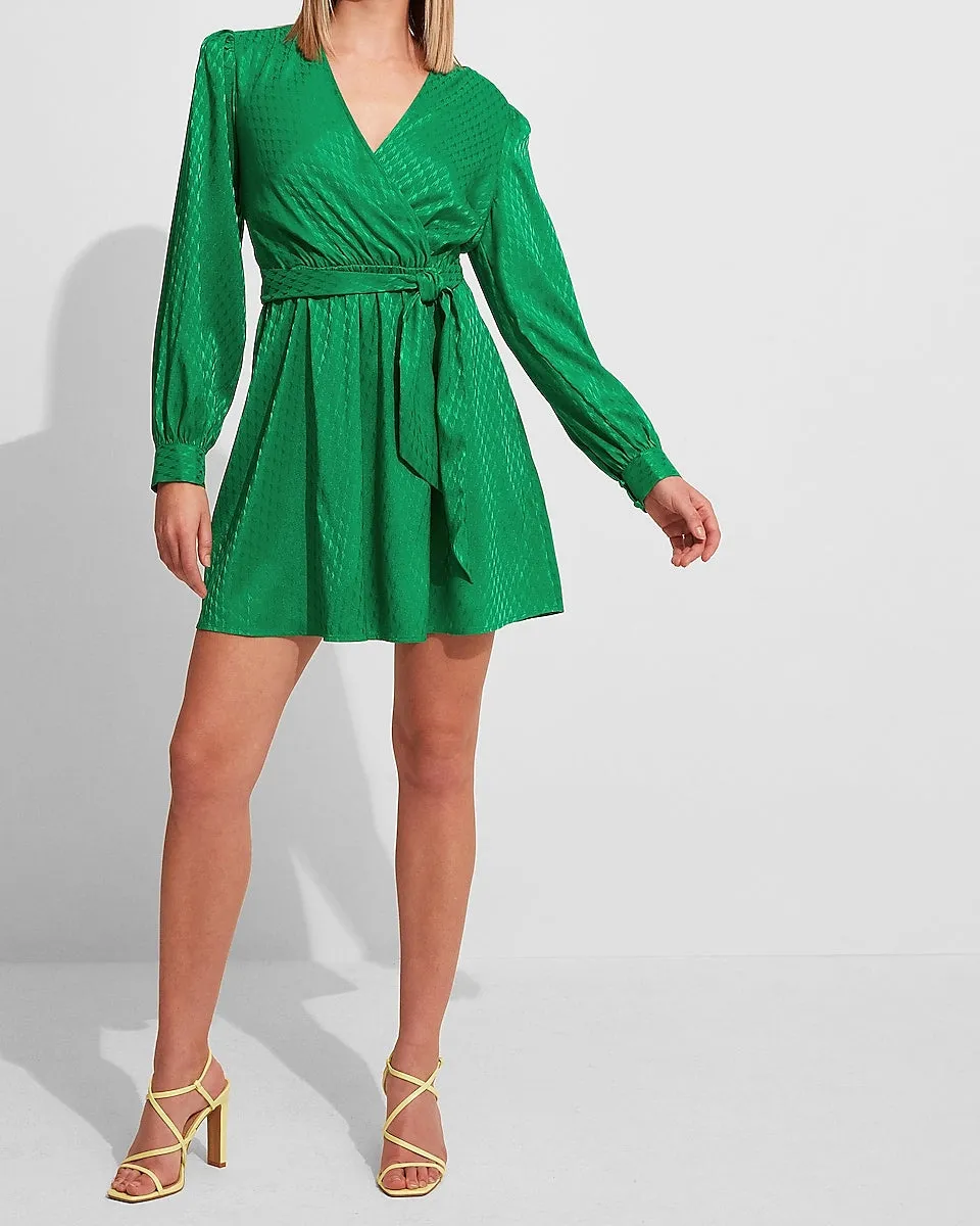 Jacquard Satin Tie Waist Long Sleeve Mini Dress in Green Lush