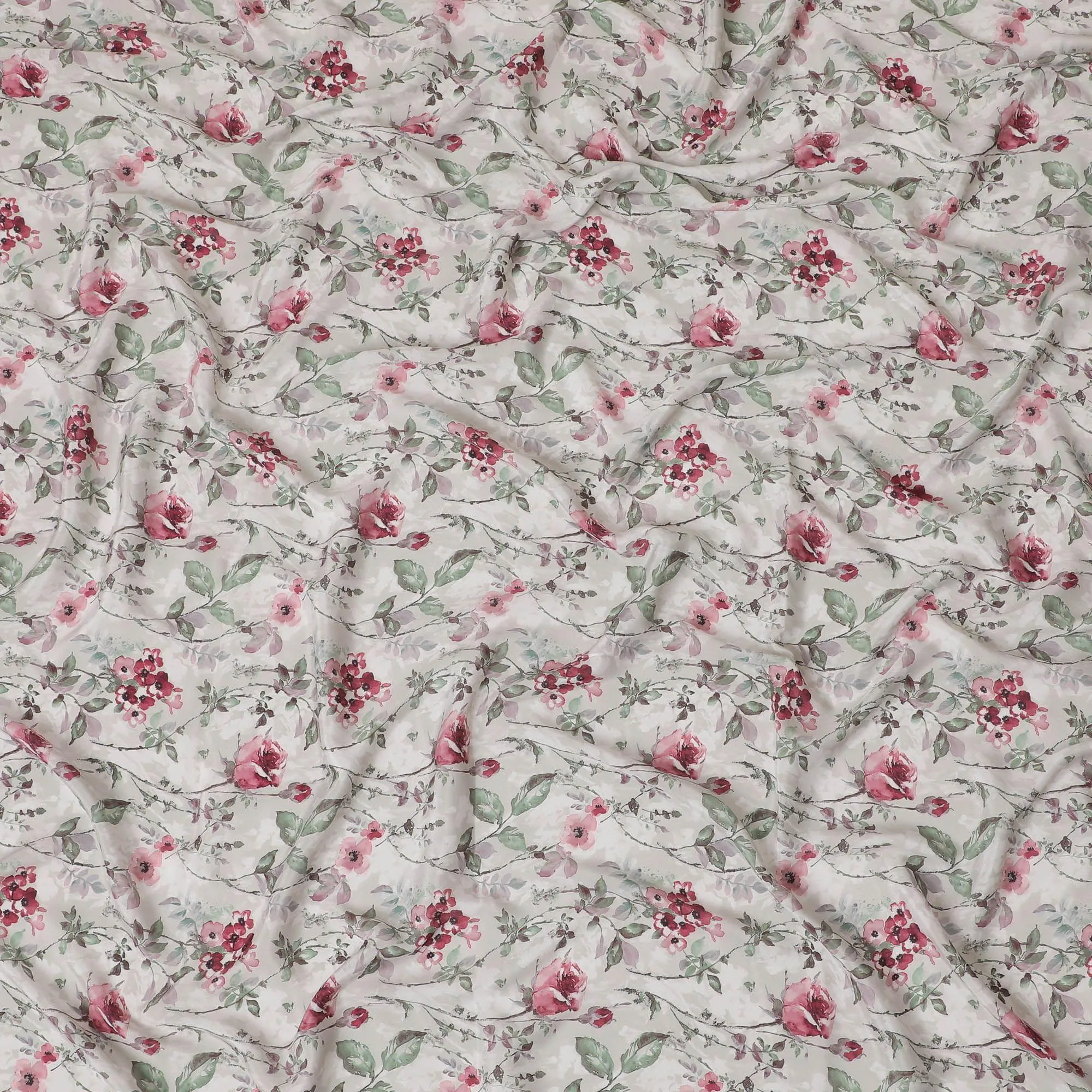 Light fawn beige synthetic crepe fabric with multicolor print in floral design-D15024