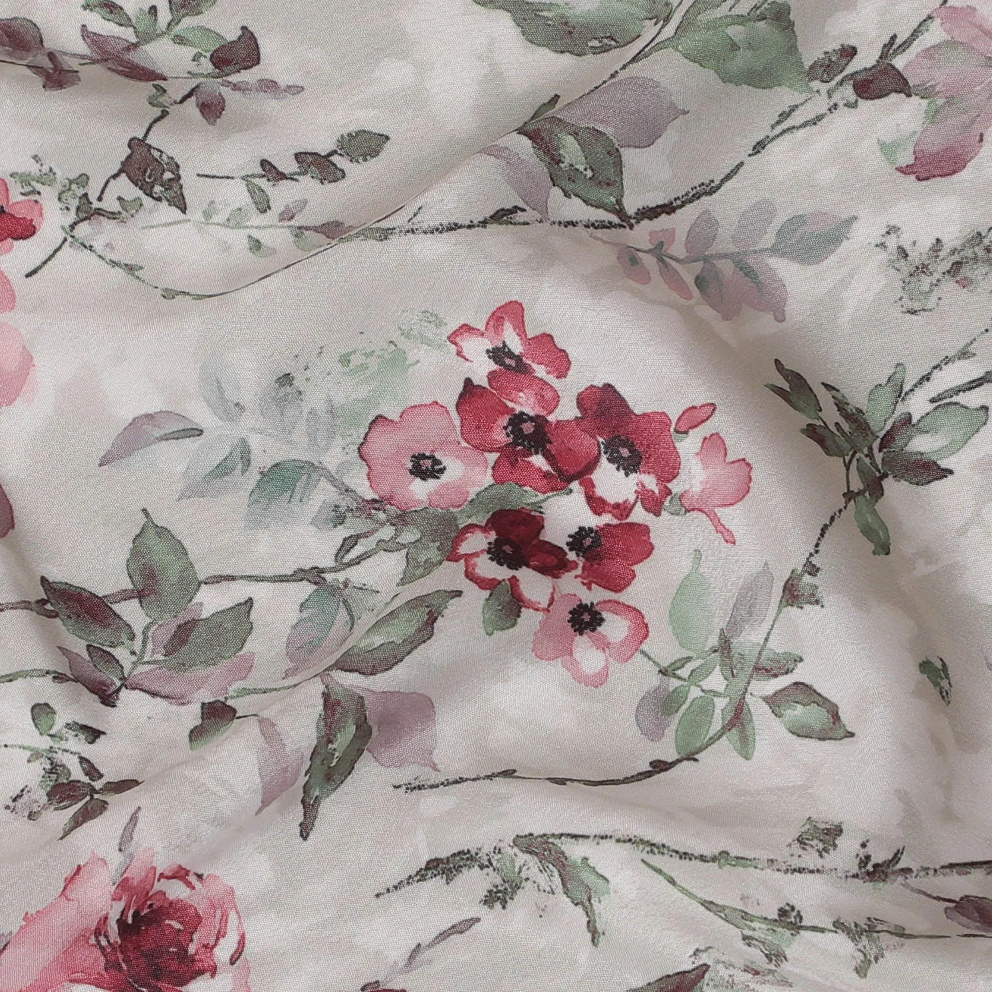 Light fawn beige synthetic crepe fabric with multicolor print in floral design-D15024
