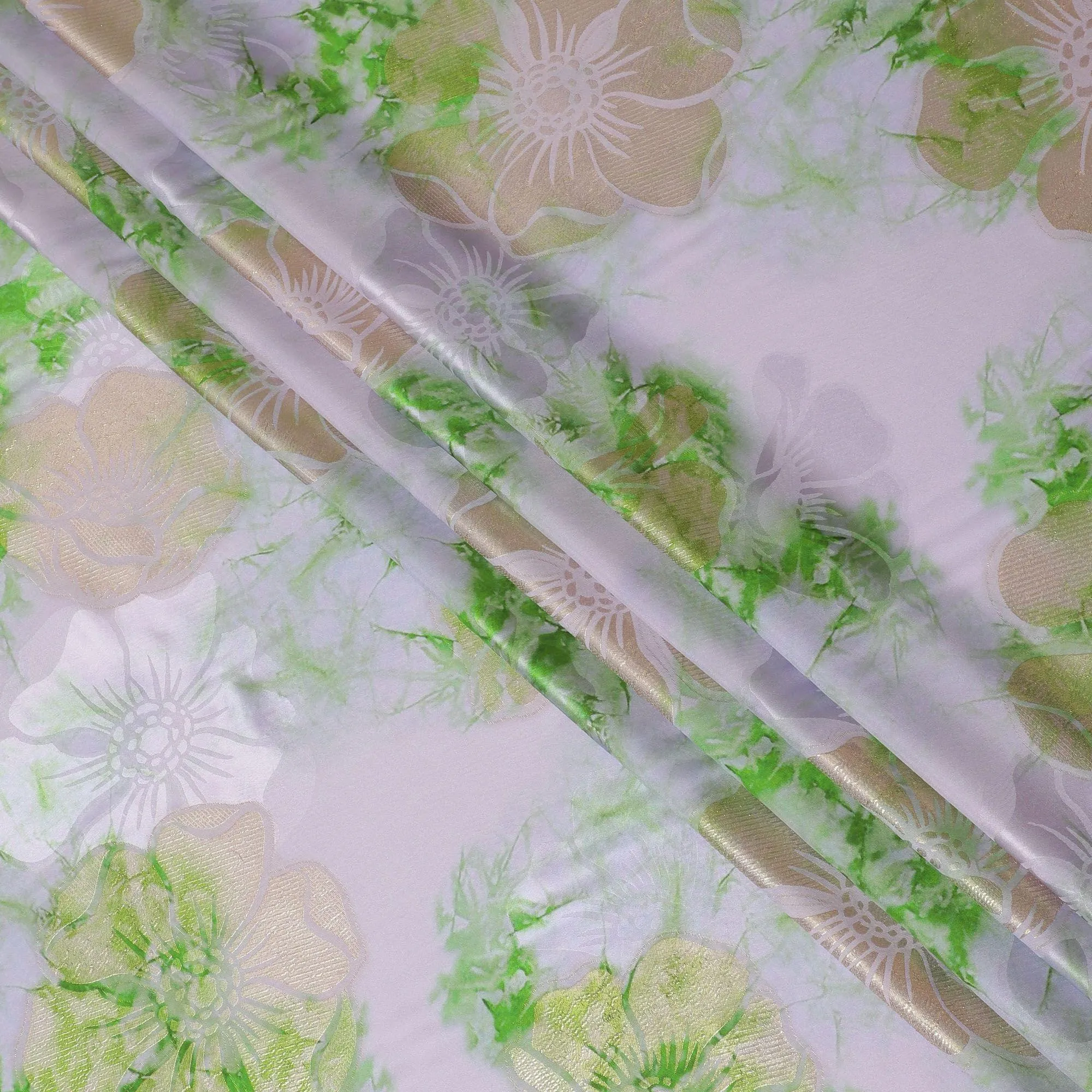 Light lilac premium pure silk crepe fabric with same tone jacquard having lime green print and gold metallic lurex in floral design-D15719