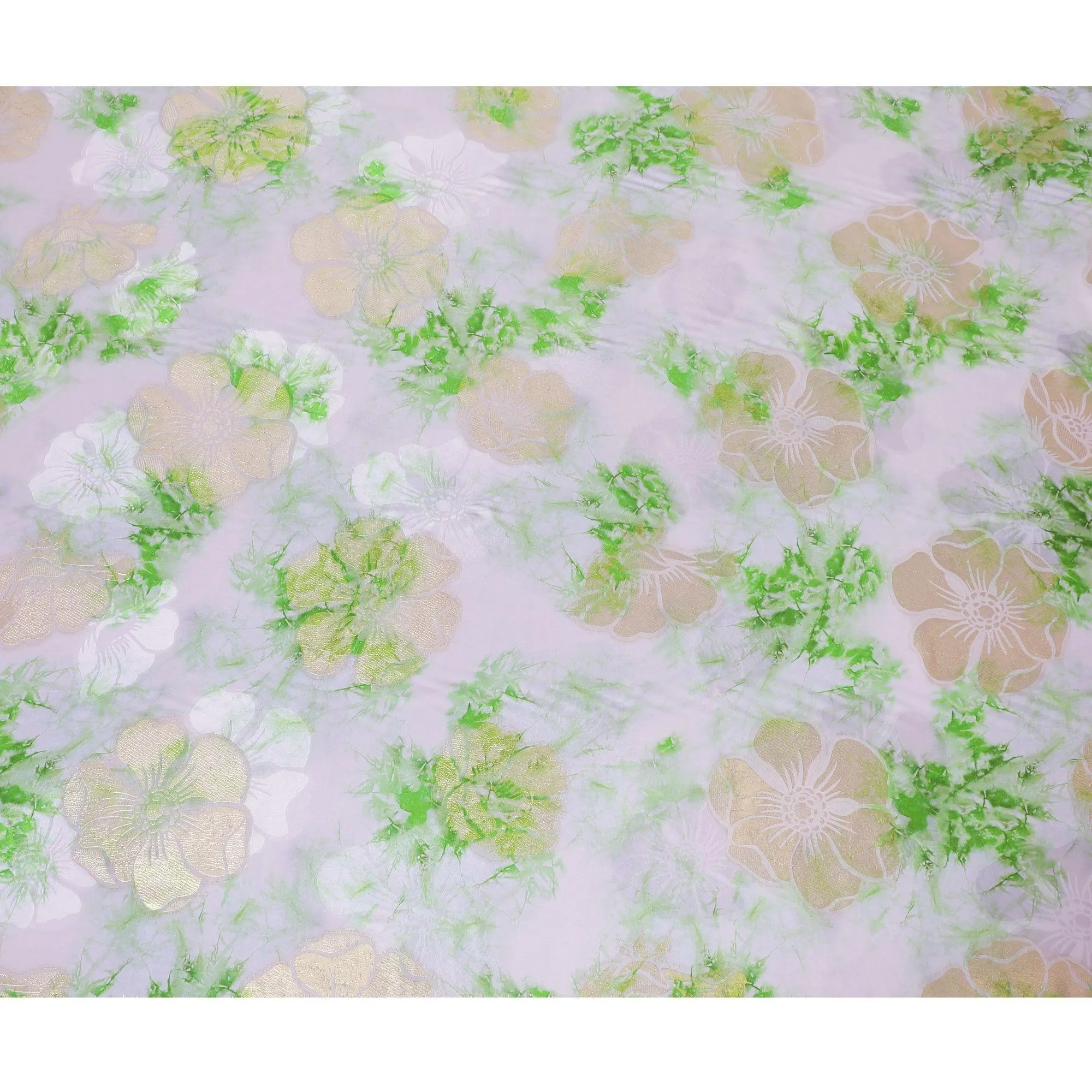 Light lilac premium pure silk crepe fabric with same tone jacquard having lime green print and gold metallic lurex in floral design-D15719