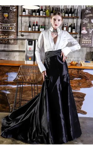 Limited edition elegant high end stand collar long sleeve banquet cocktail sexy deep V neck fishtail evening dress - Adara