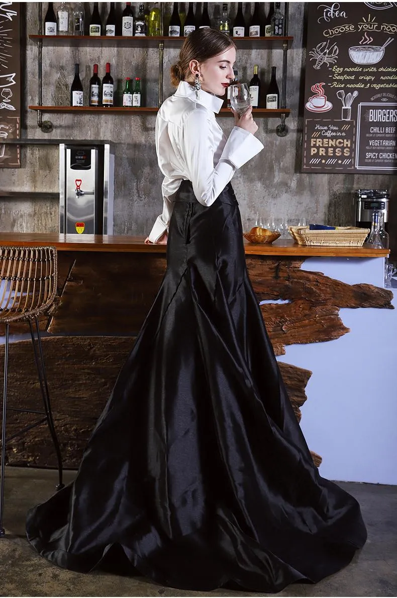 Limited edition elegant high end stand collar long sleeve banquet cocktail sexy deep V neck fishtail evening dress - Adara